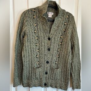 Vintage Northern Reflections Cardigan | Hunter Green & Butter Yellow Sweater | L